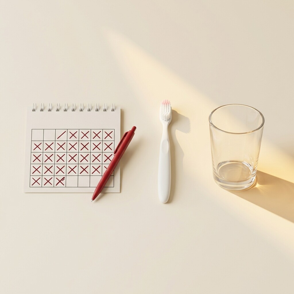 Kalendar me ditë të shënuara, furçë dhëmbësh dhe një gotë ujë